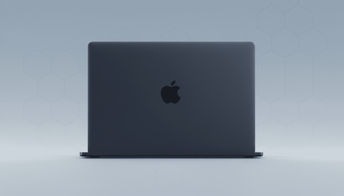 A dark blue laptop on a flat background with a subtle hexagonal pattern. The laptop is closed, showing its back with a faint Apple logo in the center.
