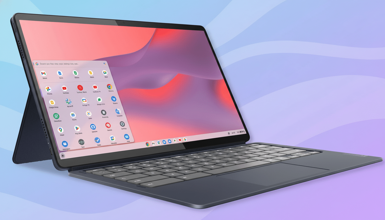 A dark blue laptop with a detachable keyboard, displaying a colorful operating system interface, set against a soft purple and blue gradient backgroun