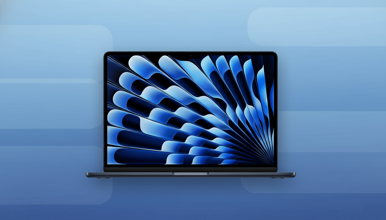 A dark blue laptop with a vibrant blue and black abstract wallpaper on its screen , set against a professional soft blue gradient background with subtle horizontal line patterns. Filename : dark bluelaptop professional background.png