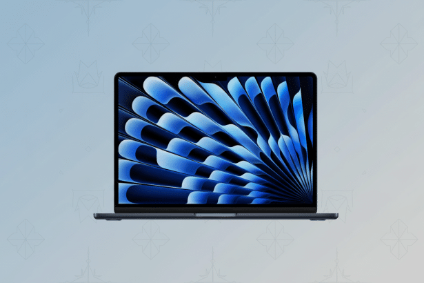 A dark blue laptop with a vibrant blue and black abstract design on its screen, presented on a light blue background with a subtle , professional geometric pattern.