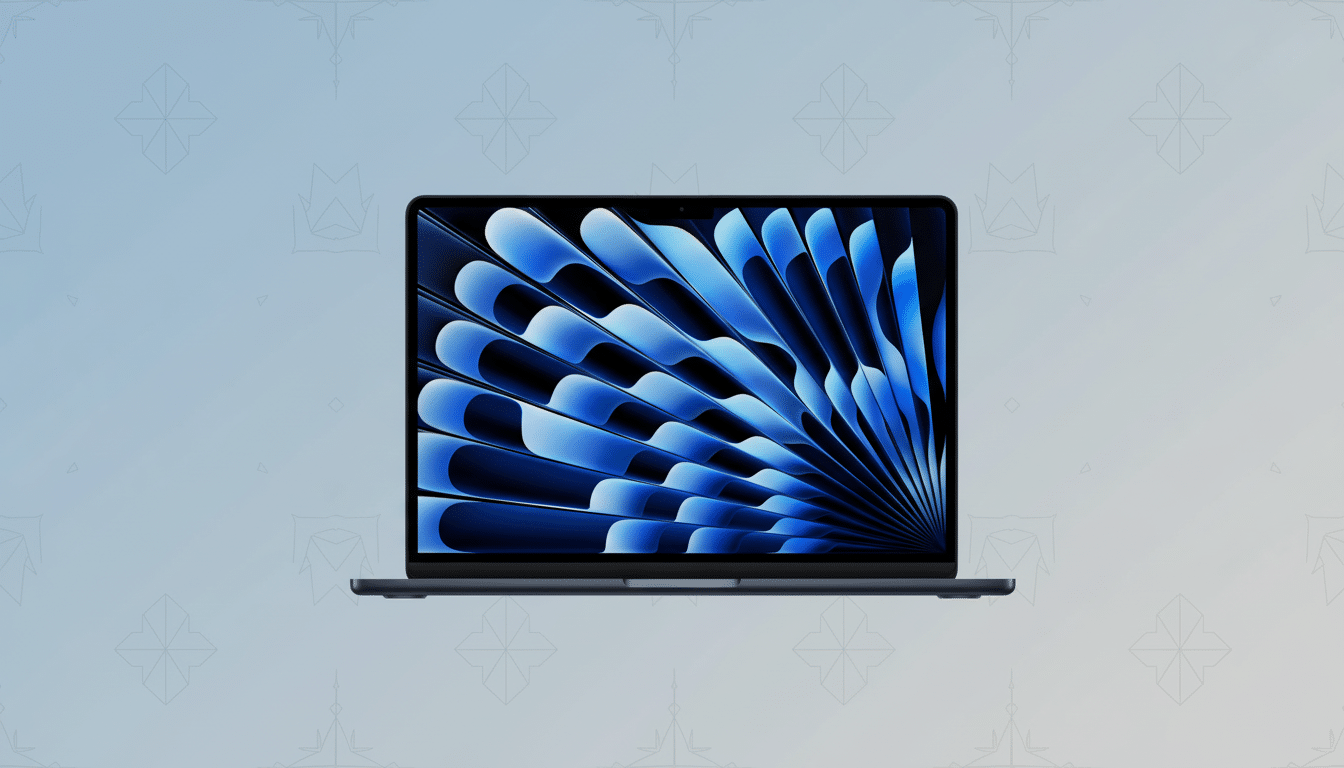 A dark blue laptop with a vibrant blue and black abstract design on its screen, presented on a light blue background with a subtle , professional geometric pattern.