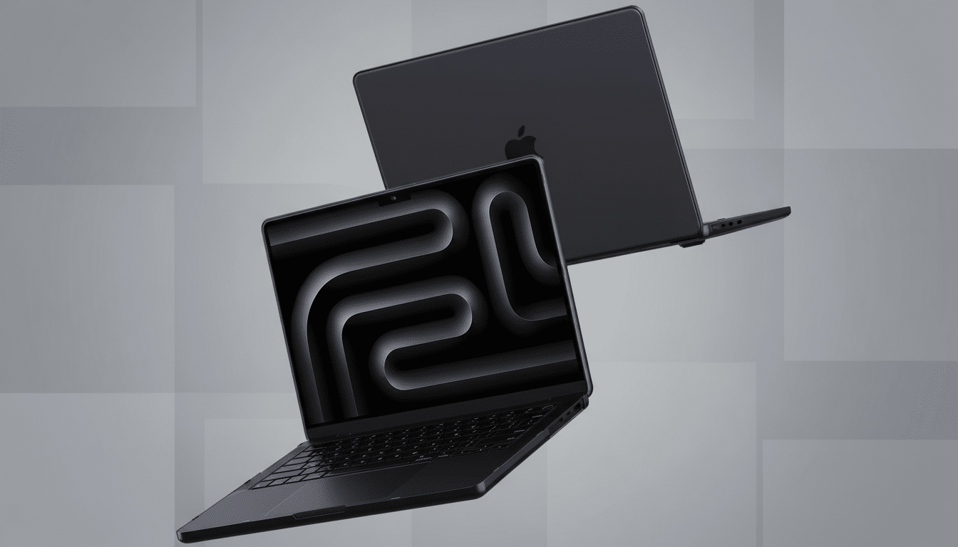 A professional shot of two dark gray laptops, one open showing a dark wavy pattern on its screen, and another closed laptop floating above it , all set against a subtle gray background with soft grid patterns.