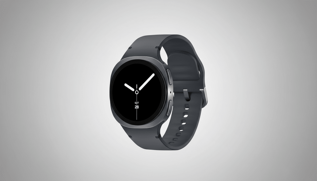 A professional shot of a dark gray smartwatch with a black circular display showing the time and date ( SAT 28 ), set against a clean, light gray grad