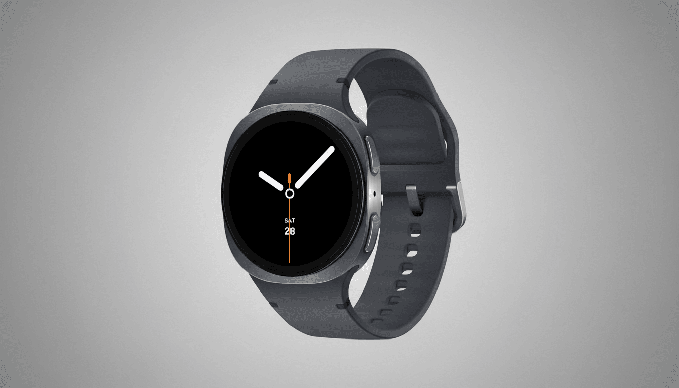 A professional shot of a dark gray smartwatch with a black circular display showing the time and date ( SAT 28 ). The watch is angled slightly, with its strap visible, against a subtle gray gradient background. Filename : dark graysmart watchprofessional .png