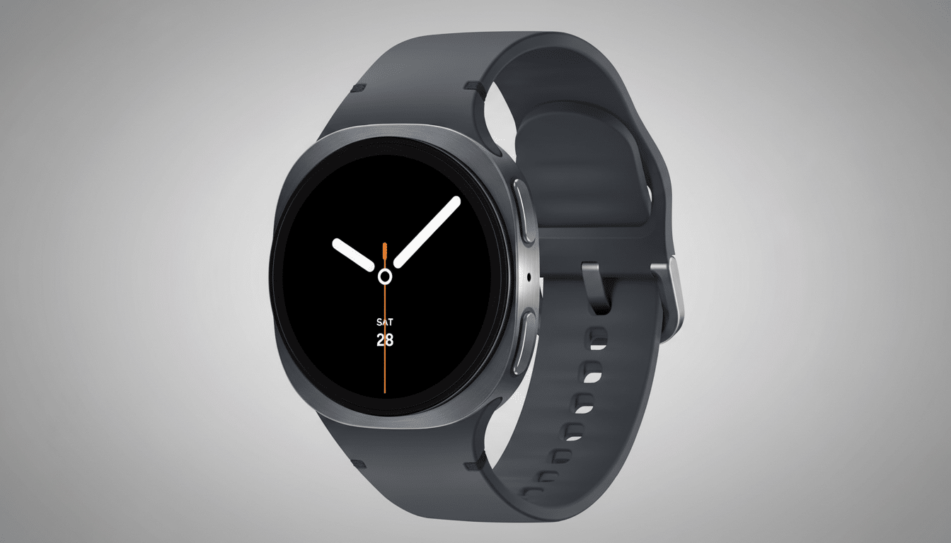 A professional shot of a dark gray smartwatch with a black circular display showing the time and date ( SAT 28 ). The watch has a silicone band and a brushed metal casing . The background is a soft gray gradient .