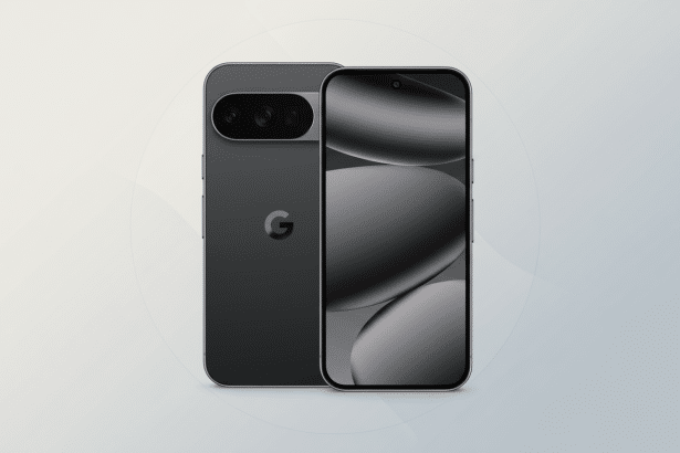 A professional 16:9 image showing the front and back of a dark gray smartphone with the Google ' G' logo on the back, presented on a subtle gradient background. Filename : dark graysmartphone professional.png