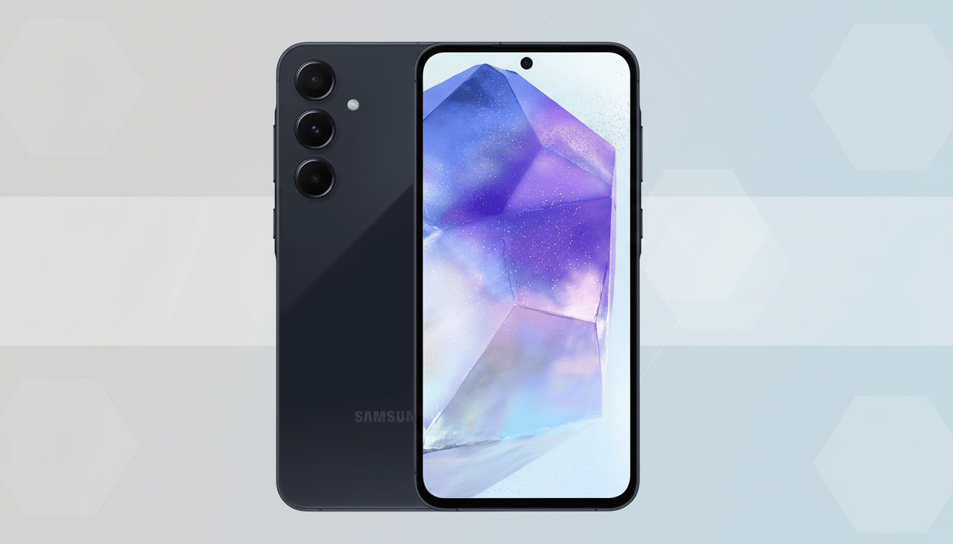 alt text: A dark gray smartphone shown from the front and back, with the screen displaying a purple