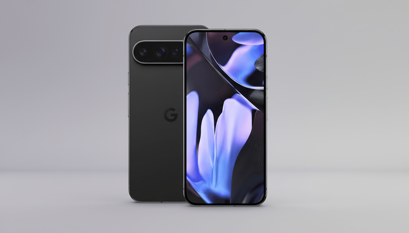 A professional shot of a dark gray smartphone with a purple-blue wallpaper , with its back facing forward showing a 'G' logo and camera array, set against a subtle gray gradient background.