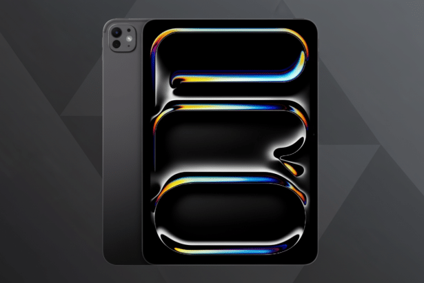 A dark gray tablet with a screen displaying a black background with abstract, illuminated shapes in white, orange , and blue, set against a dark gray professional flat design background with subtle geometric patterns .