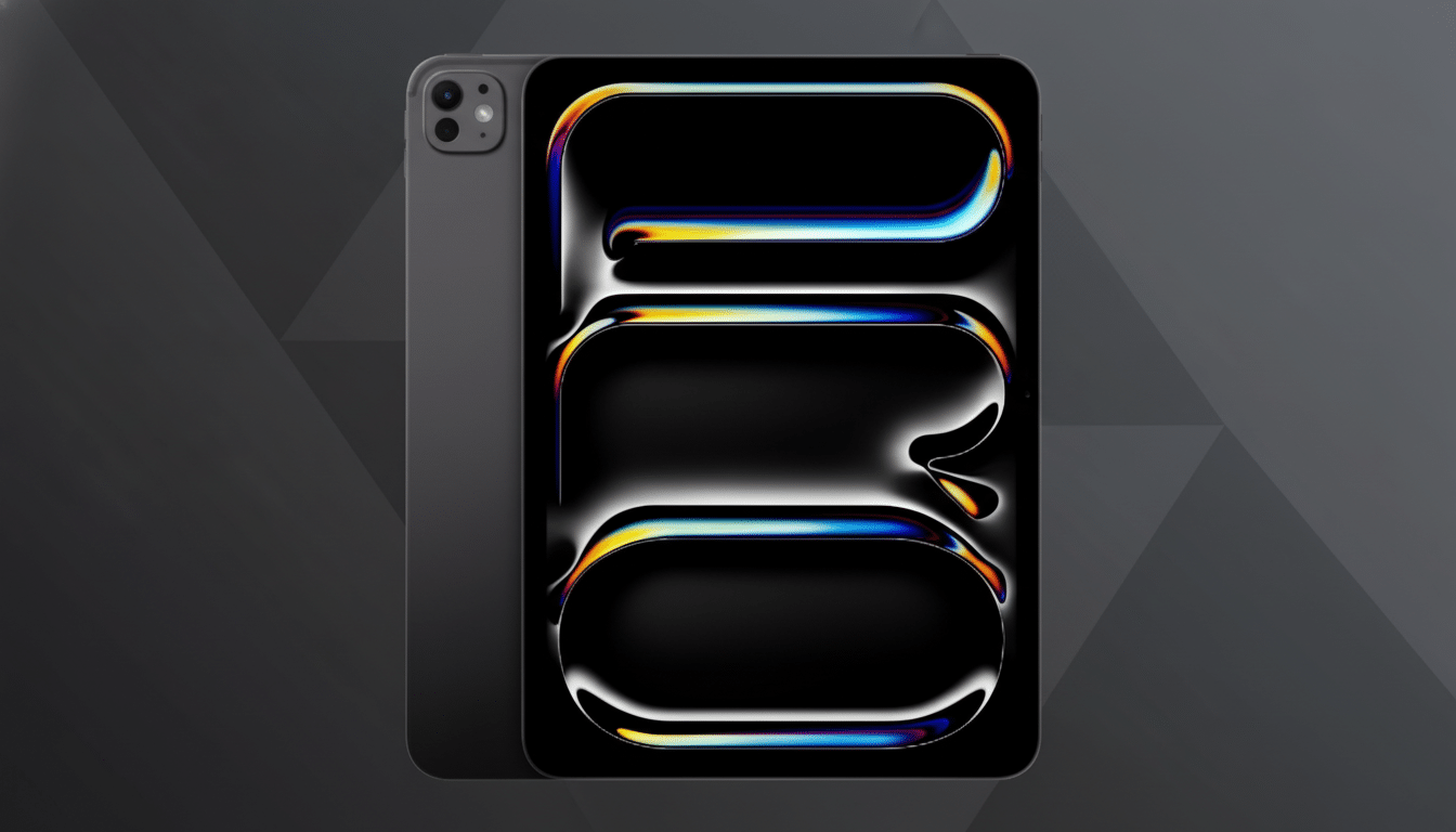 A dark gray tablet with a screen displaying a black background with abstract, illuminated shapes in white, orange , and blue, set against a dark gray professional flat design background with subtle geometric patterns .