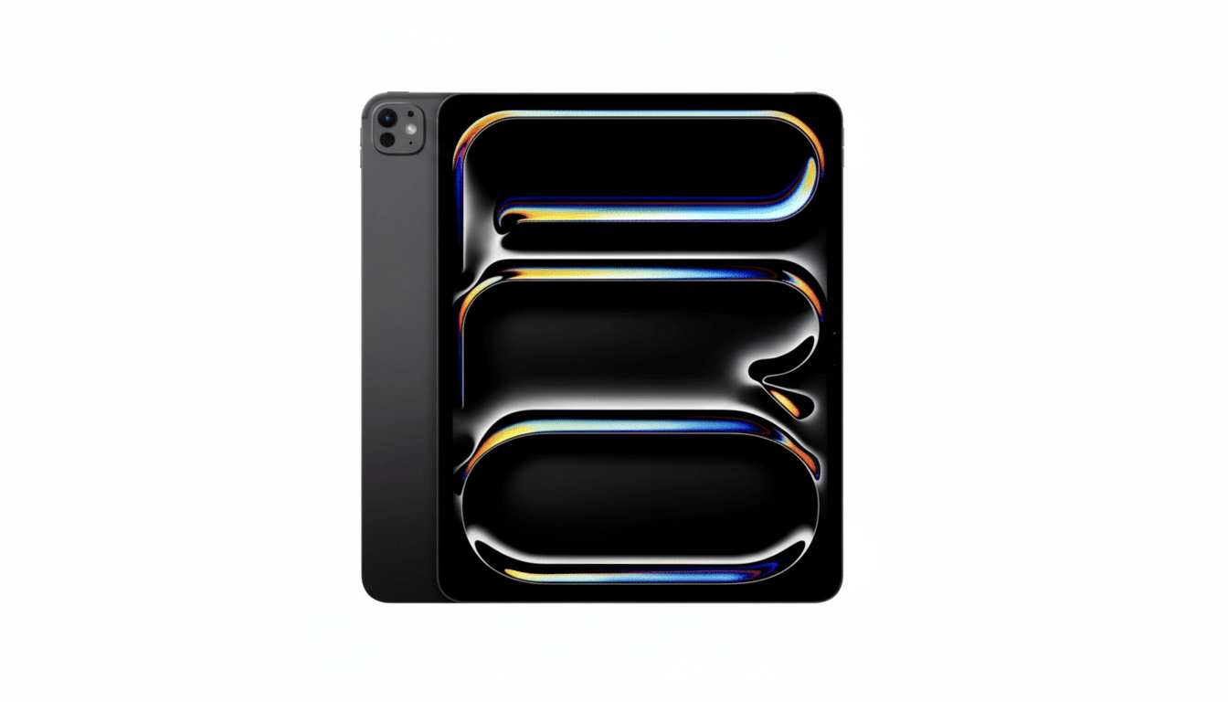 A dark gray tablet with a sleek design and a black screen displaying abstract, colorful light patterns. The tablet is presented against a clean white background.