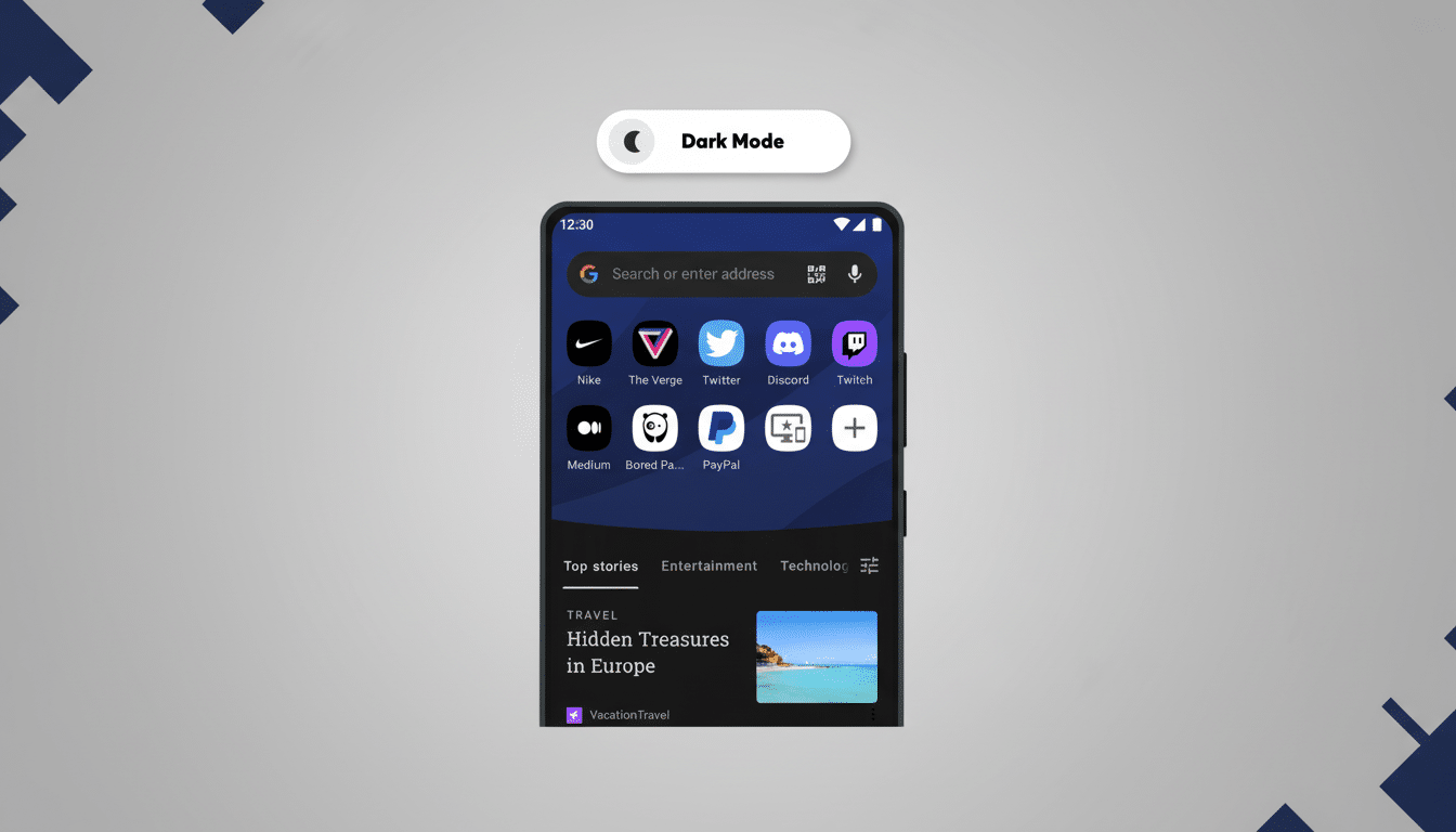 A professional , enhanced image of a mobile phone screen displaying a dark mode interface with various app icons, news stories, and a search bar. The top banner shows a Dark Mode toggle . The background is a flat grey with subtle, dark blue geometric patterns.