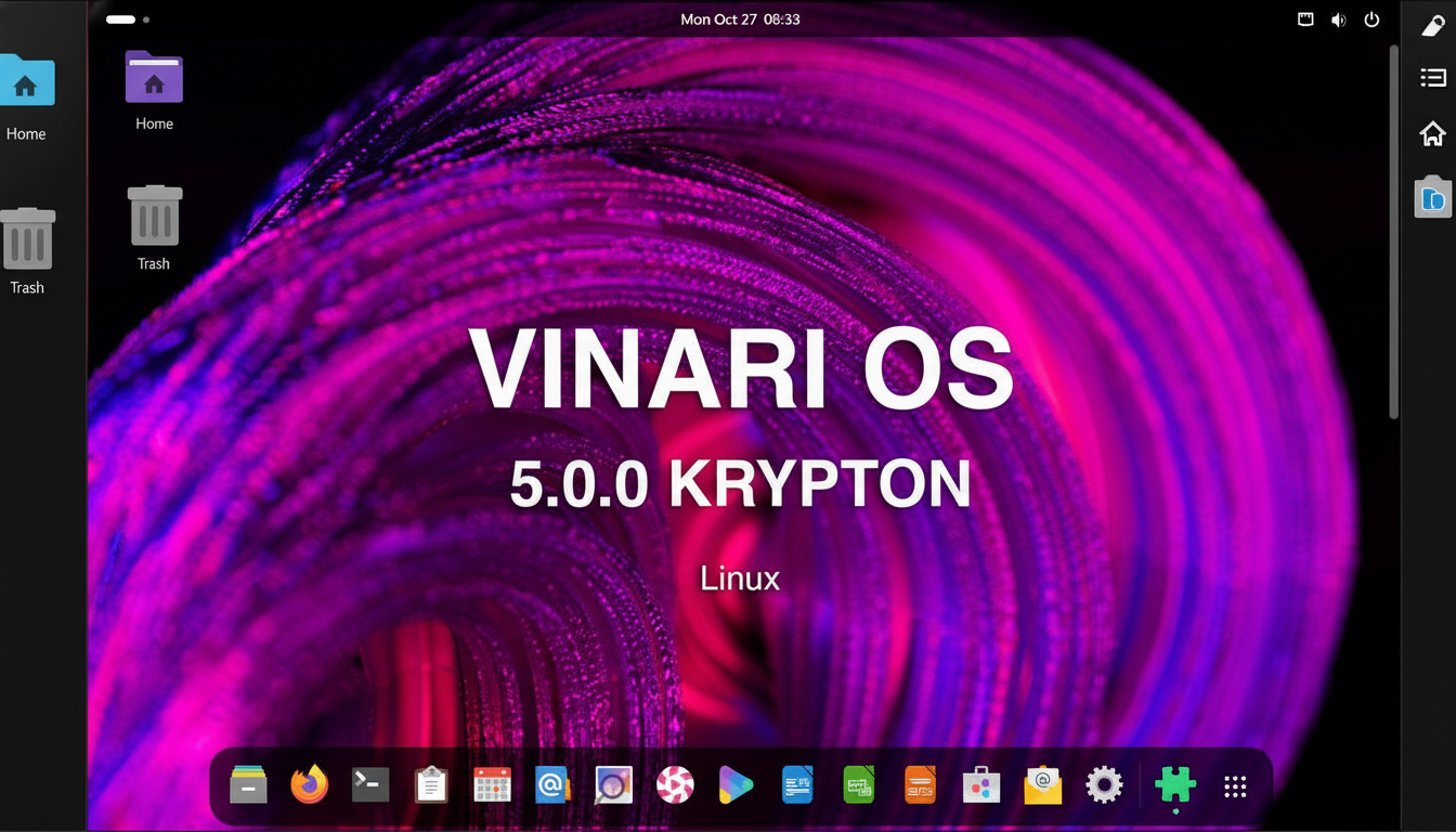 A screenshot of the Vinari OS 5.0.0 Krypton Linux desktop, featuring a vibrant purple and pink abstract background, with desktop icons for Home and Trash, and a dock at the bottom displaying various application icons.