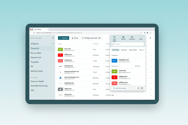 Screenshot of the Dashlane password manager interface showing various saved passwords and a dropdown menu displaying website suggestions. Filename : dashlane passwordmanager. png