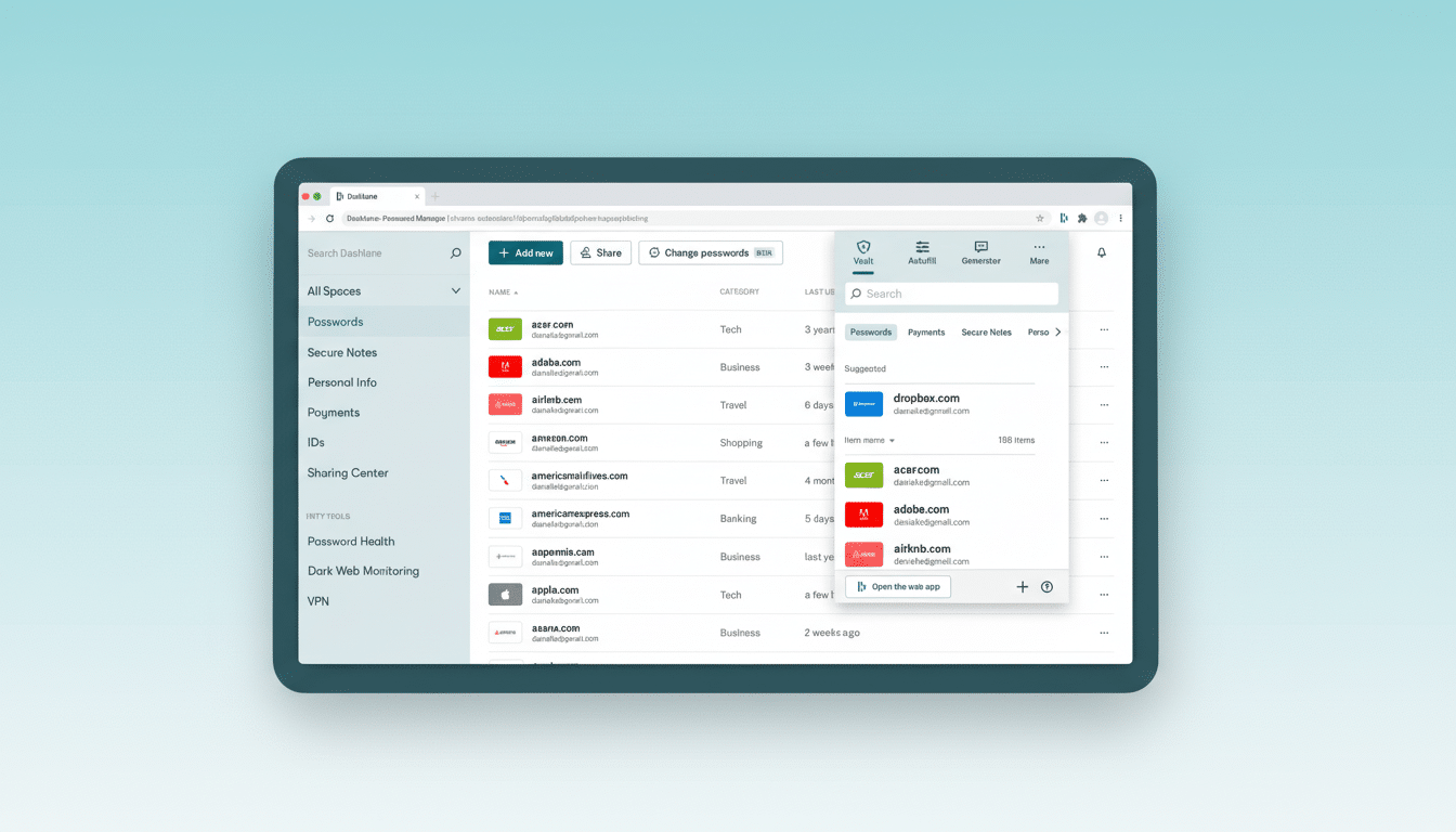 Screenshot of the Dashlane password manager interface showing various saved passwords and a dropdown menu displaying website suggestions. Filename : dashlane passwordmanager. png