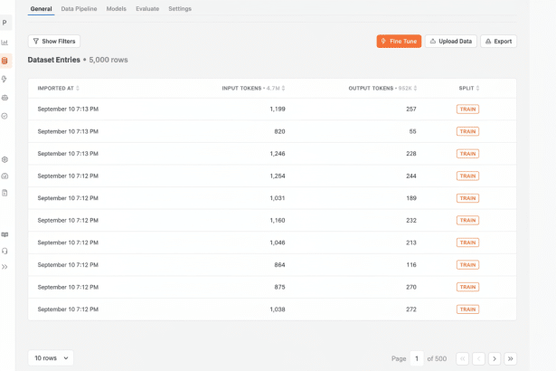 Dataset Entries interface showing a table with columns for Imported At, Input Tokens , Output Tokens