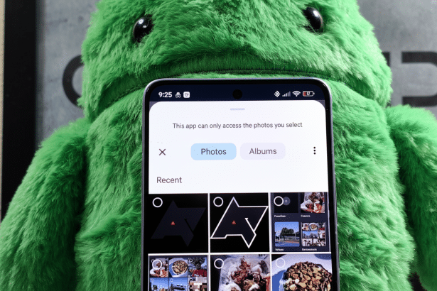 Alt Text: A smartphone screen displaying a photo selection interface, with a green plush toy vi
