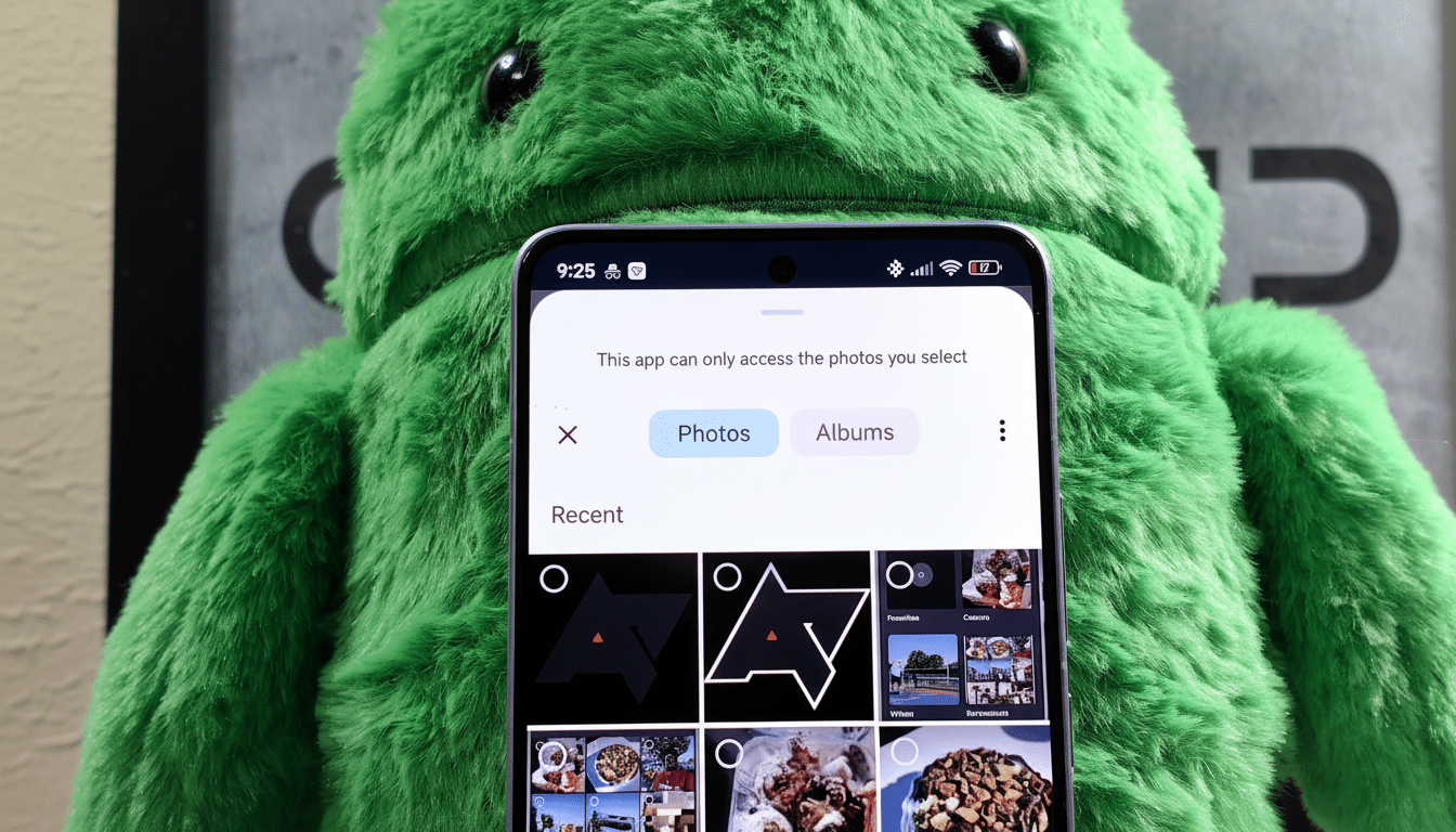 Alt Text: A smartphone screen displaying a photo selection interface, with a green plush toy vi