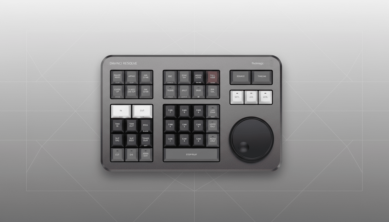 Blackmagic DaVinci Resolve Speed Editor on a neutral gray background. Filename : davinci resolvespeed editor.png
