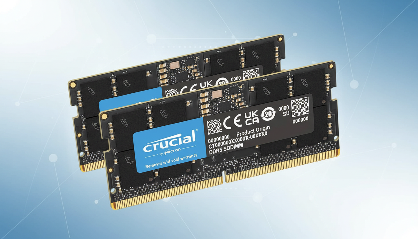 Two Crucial DDR5 SODIMM RAM modules are shown at a slight angle against a professional blue gradient background with subtle geometric patterns. The black modules feature gold contacts and blue Crucial branding.