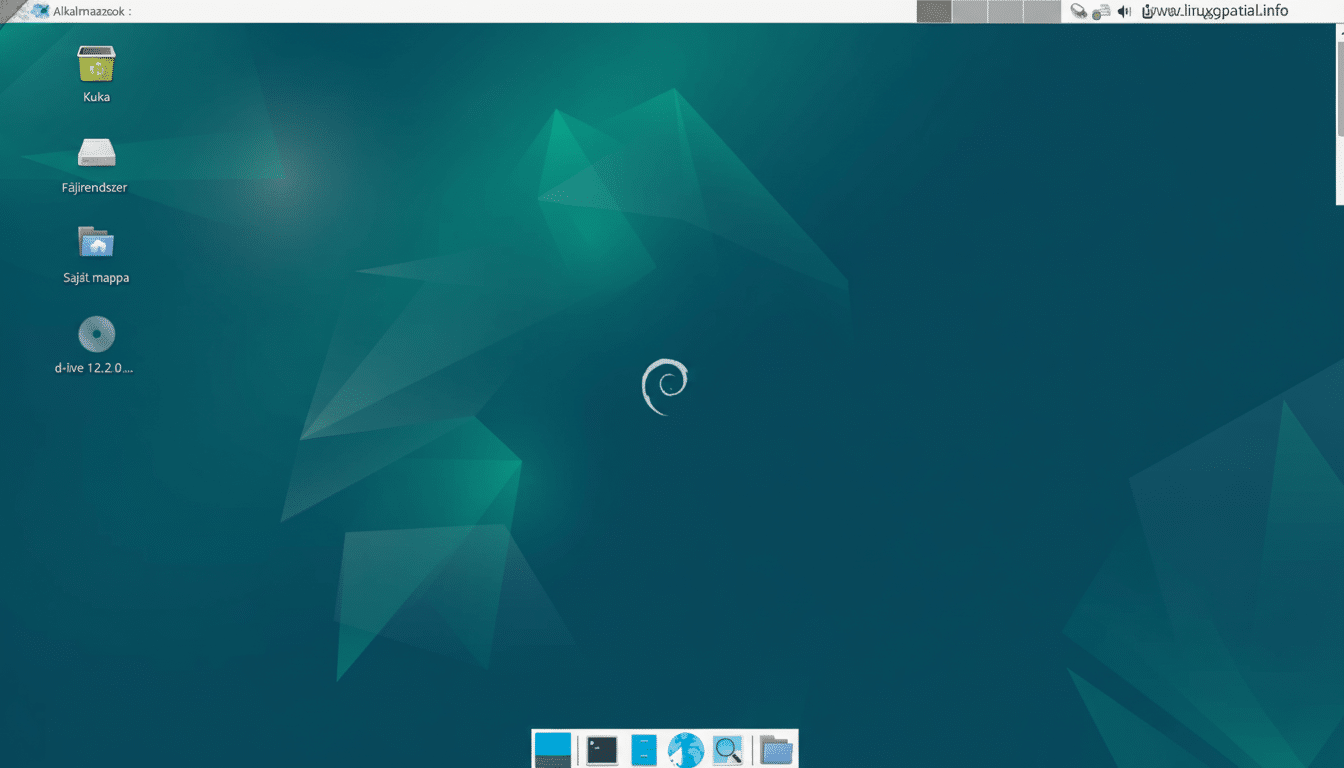 A professional desktop background with a teal geometric pattern and the Debian spiral logo in the center, alongside several icons on the left sidebar .