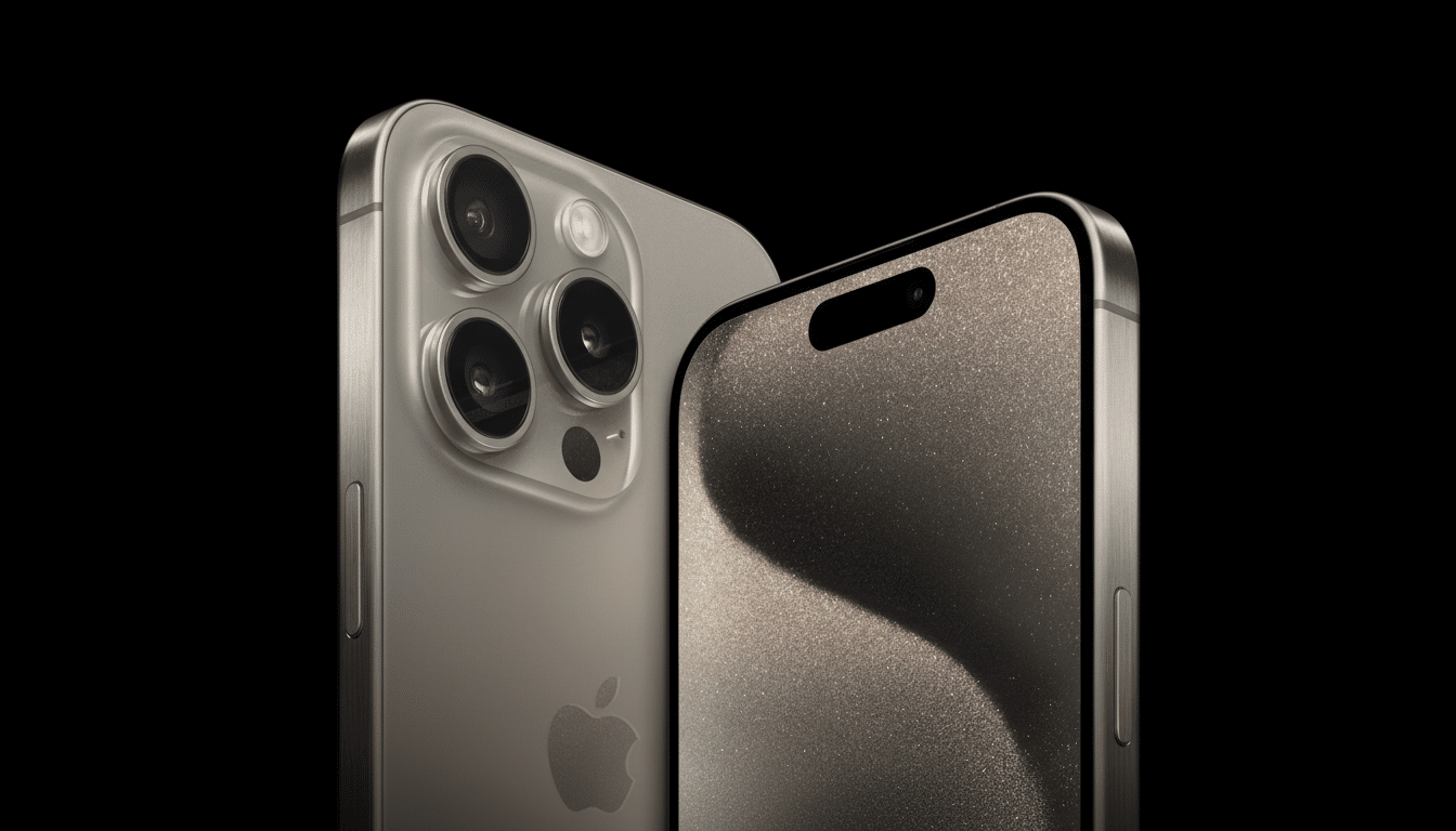 A professional shot of a silver iPhone 15 Pro Max, showcasing its multiple camera lenses on the back and the Dynamic Island notch on the front display