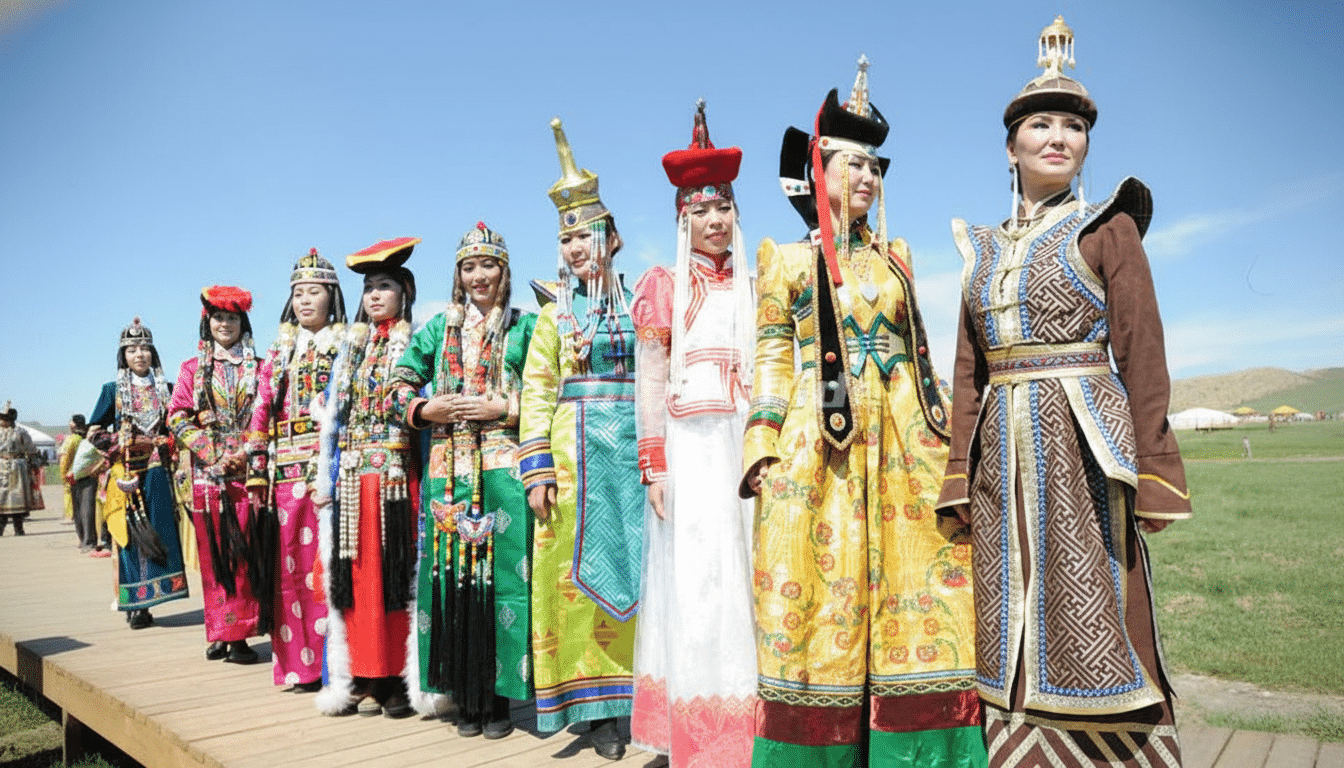 Several individuals dressed in traditional, colorful Mongolian attire stand in a line on a wooden platform under a clear blue sky. Filename : mongolian att ireline. png
