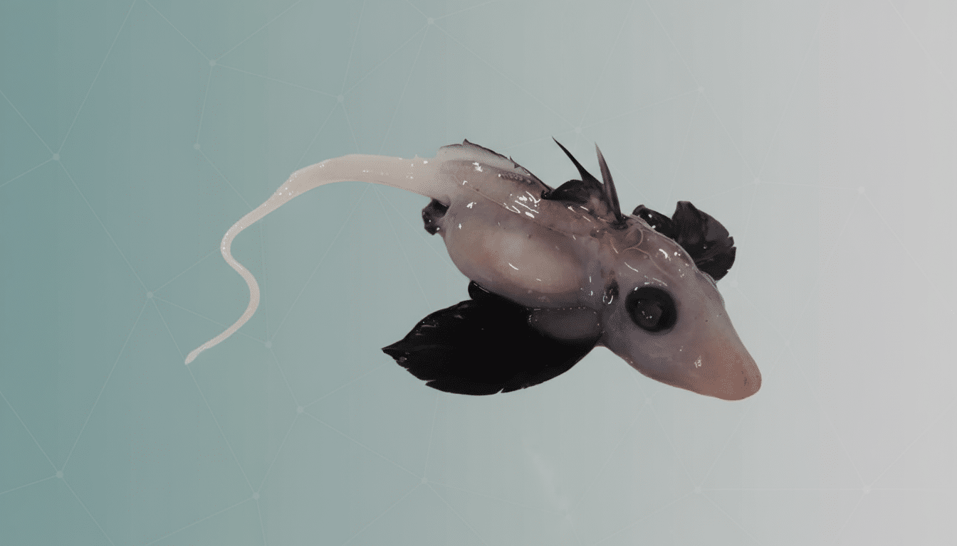 A translucent, pale fish with large black fins and a long, thin tail, set against a soft, light blue and white gradient background with subtle geometr