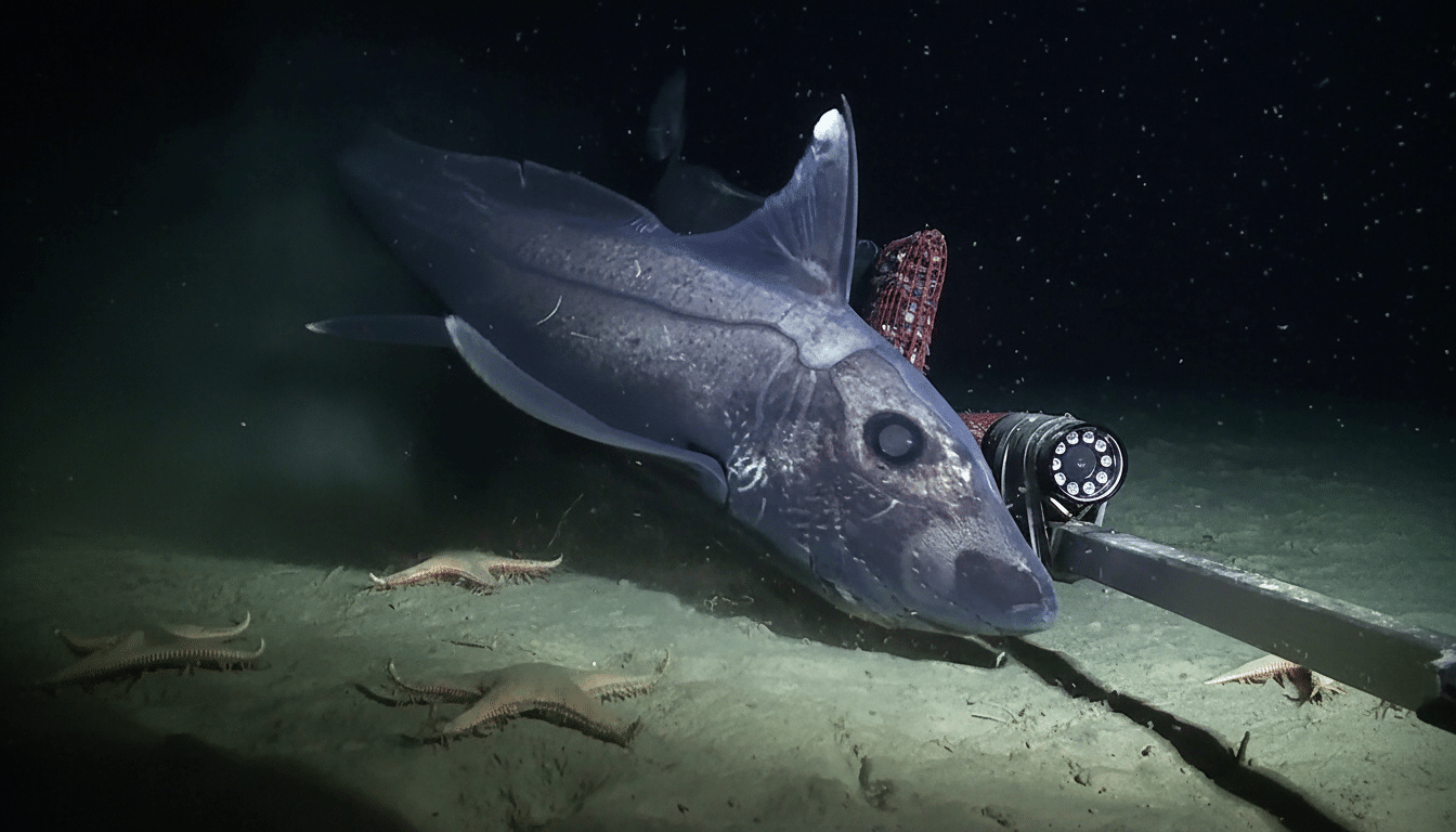 A deep -sea shark, possibly a ghost shark, with large eyes and fins, swimming near a scientific camera setup on the ocean floor, surrounded by several