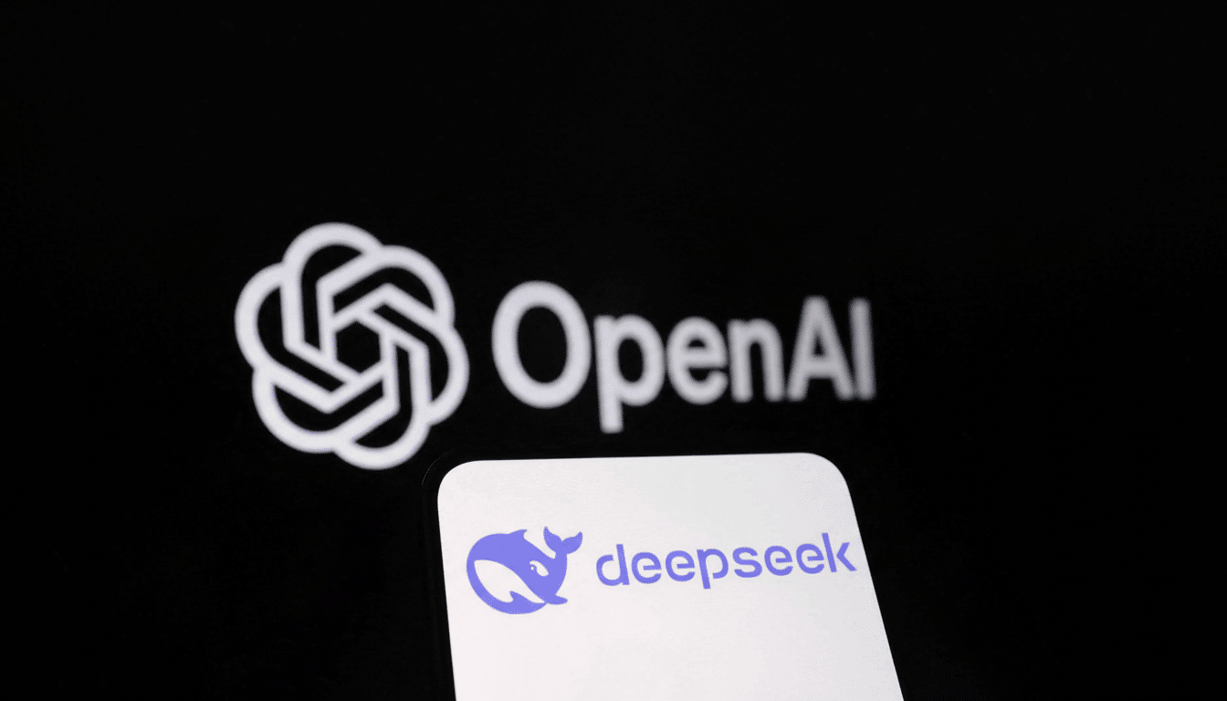 alt text: A smartphone displaying the Deepseek logo and word mark, with the out -of-focus OpenAI