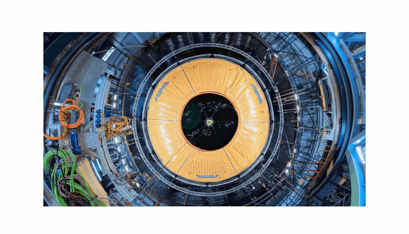 An aerial view of a large circular industrial mechanism with a bright yellow inflatable ring surrounding a dark pool of water, set within a complex structure of pipes and wiring .