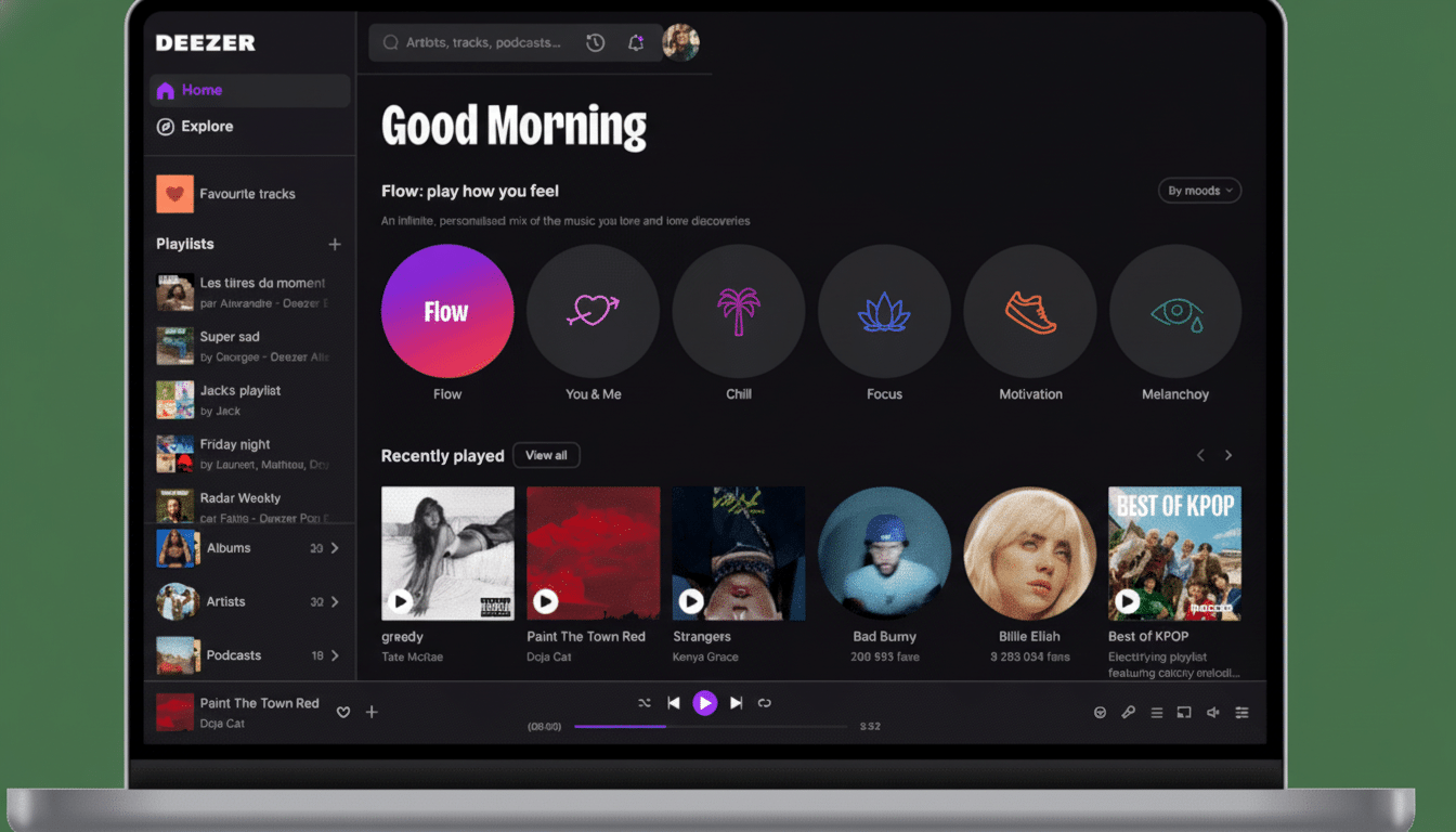 A laptop displaying the Deezer music streaming interface with a dark theme, showing the Good Morning section, various mood- based icons, and recently played albums including Paint The Town Red and Best of Kpop .