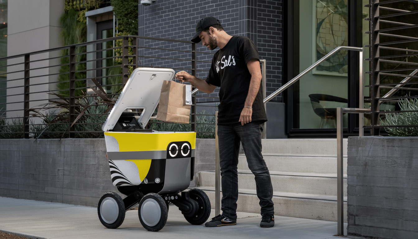 A man in a black t -shirt and cap placing a brown paper bag into an autonomous delivery robot with yellow accents on a sidewalk .