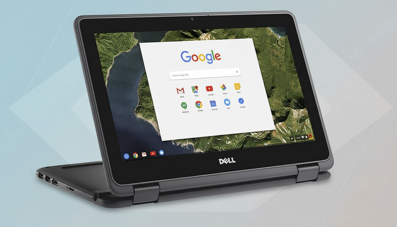 A black Dell Chromebook 11, with the Google search page open, set against a professional background with a subtle blue and gray gradient.