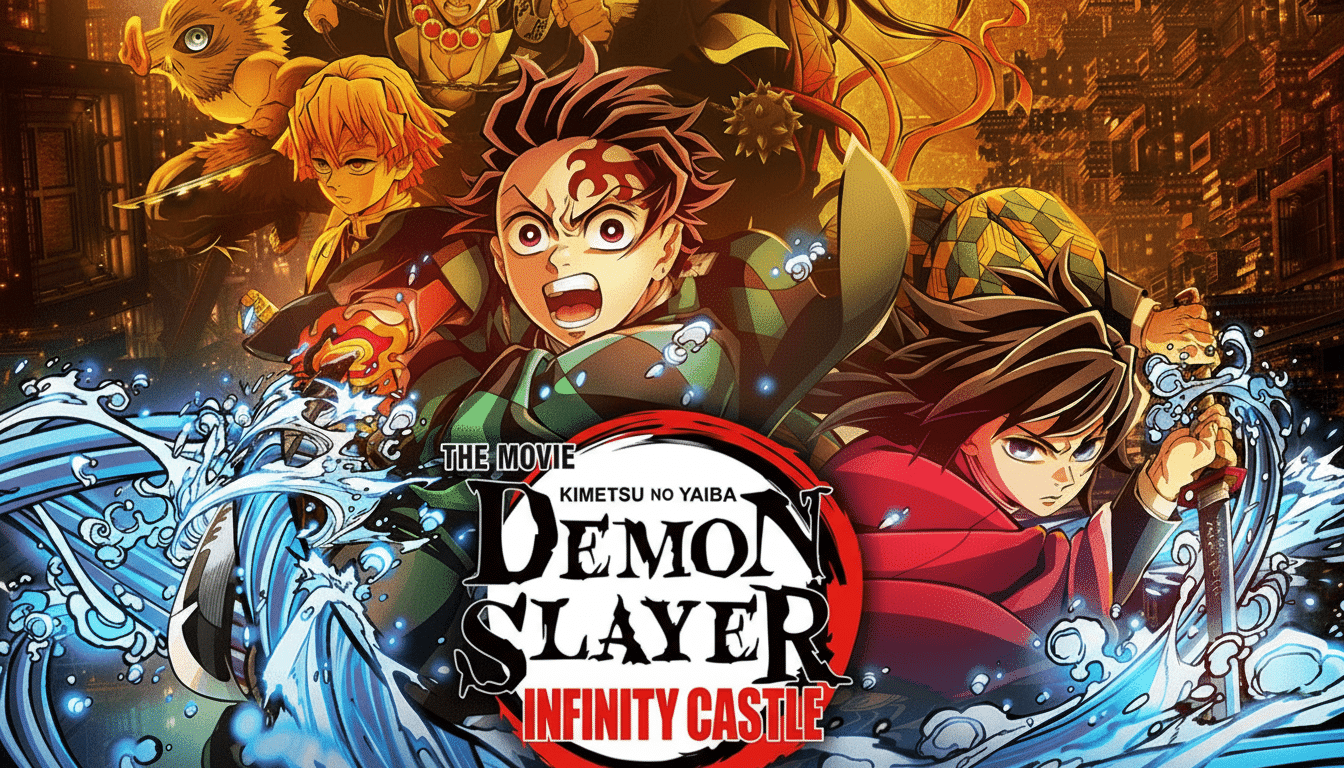 Demon Slayer: Infinity Castle movie poster featuring multiple anime characters in action poses with swirling water effects in the foreground. Filename : demonsl ayerinfinity castlemovie poster.png