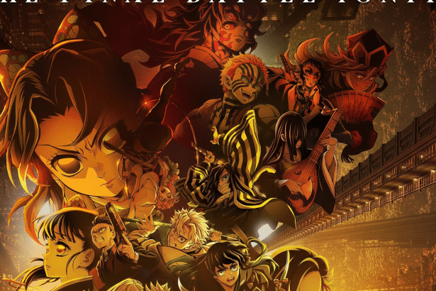 An anime movie poster featuring multiple characters from the Demon Slayer series , with a dark , intense background suggesting an urban battle or conflict . The text THE FINAL BATTLE IGNITES is visible at the top.