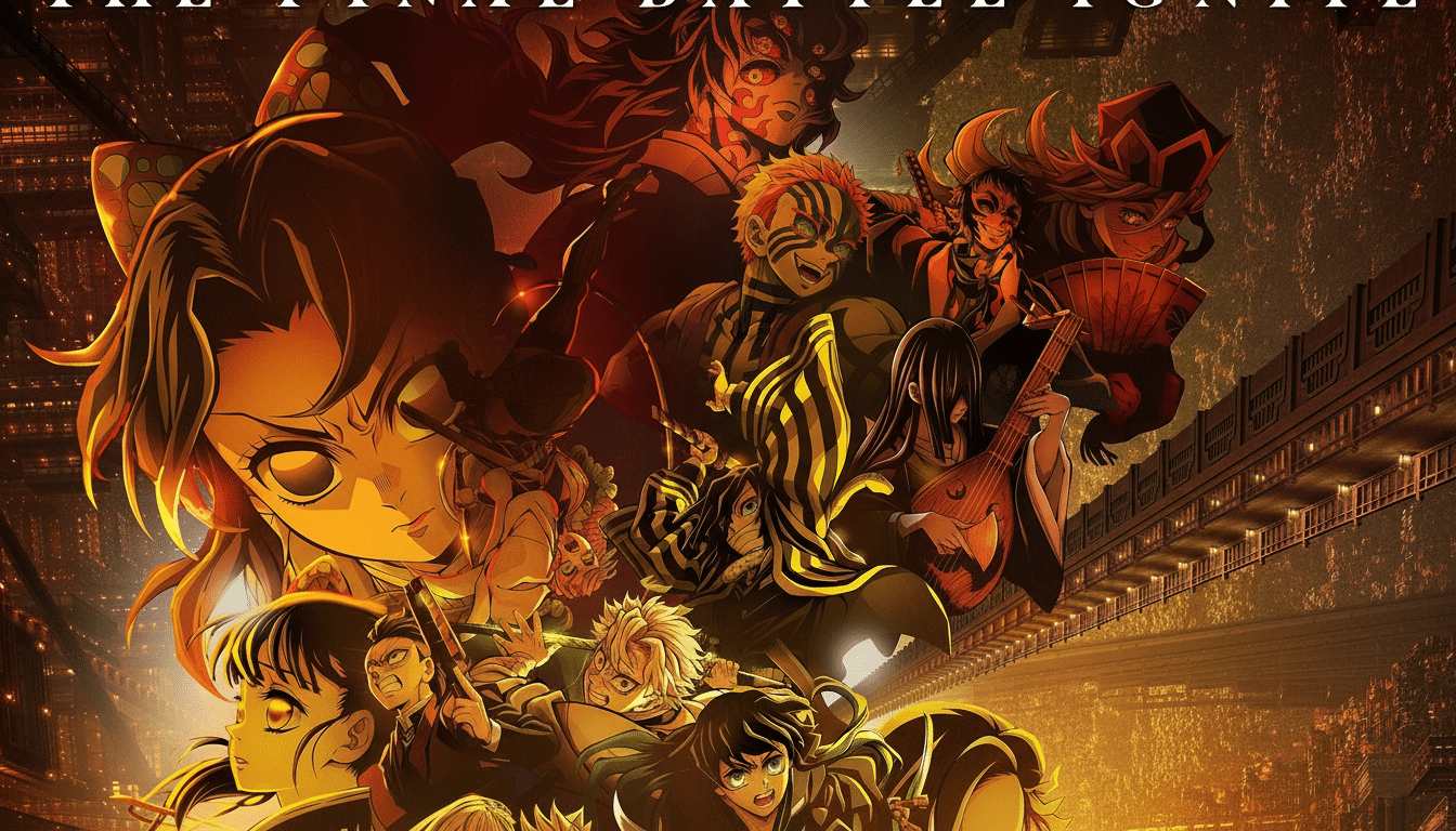 An anime movie poster featuring multiple characters from the Demon Slayer series , with a dark , intense background suggesting an urban battle or conflict . The text THE FINAL BATTLE IGNITES is visible at the top.
