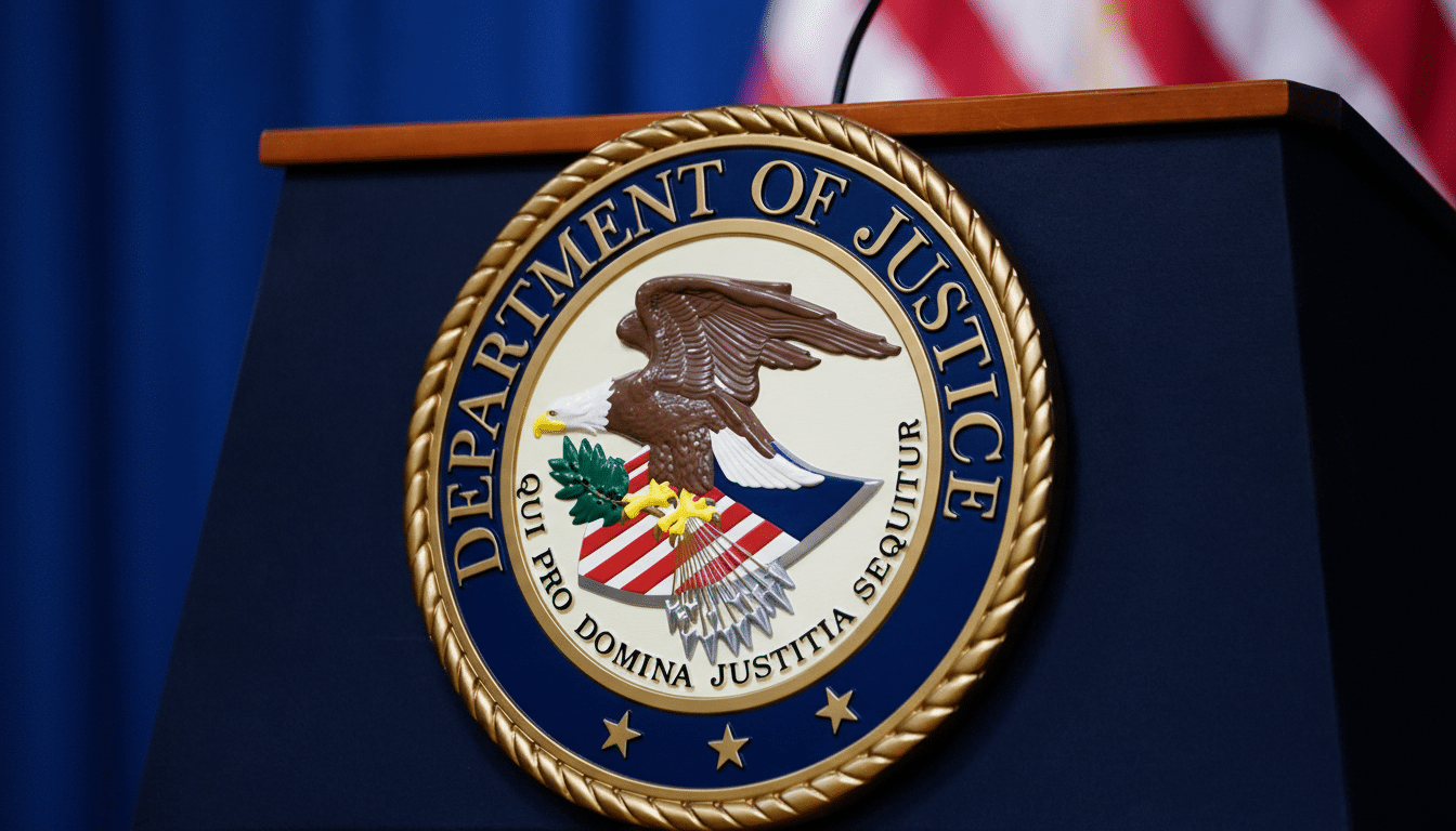 A close -up shot of the official seal of the Department of Justice on a dark blue podium.