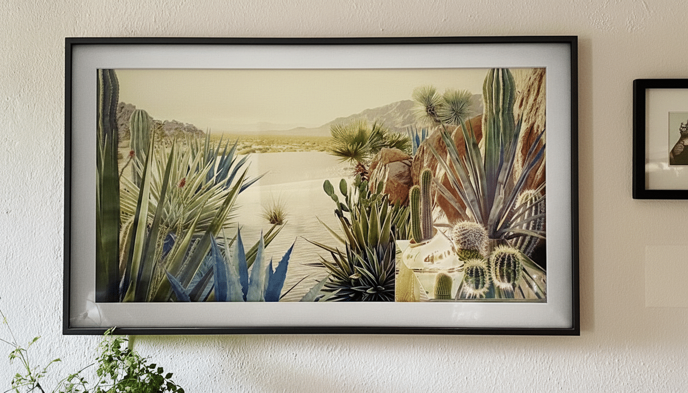 A modern television displaying a desert landscape with cacti and agave plants, mounted on a light- colored wall.