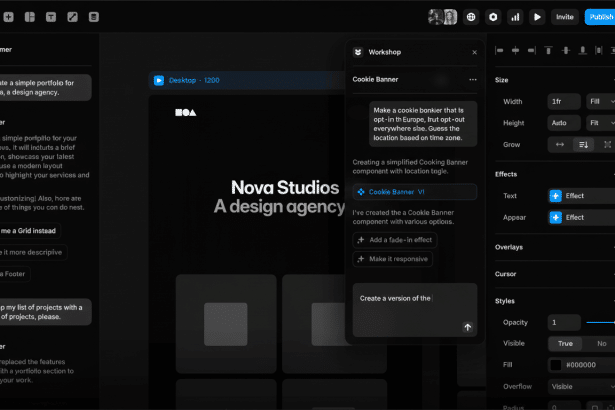 A professional screenshot of a design agency website being edited in a dark mode interface, showing various design elements and settings.