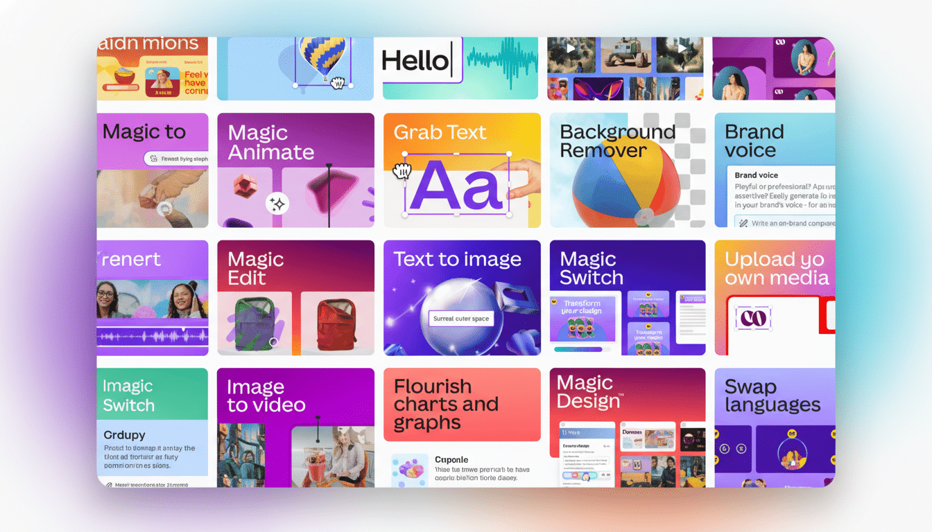 A professional, enhanced image featuring a grid of various design tool features, including Magic Animate, Grab Text, Background Remover, and Text to I