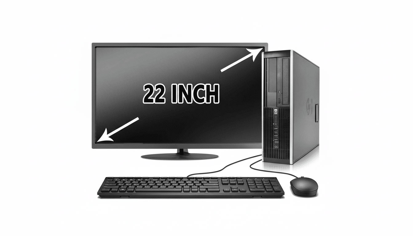 A professional image of a desktop computer setup with a 22-inch monitor, a black desktop tower , a keyboard , and a mouse on a white background.