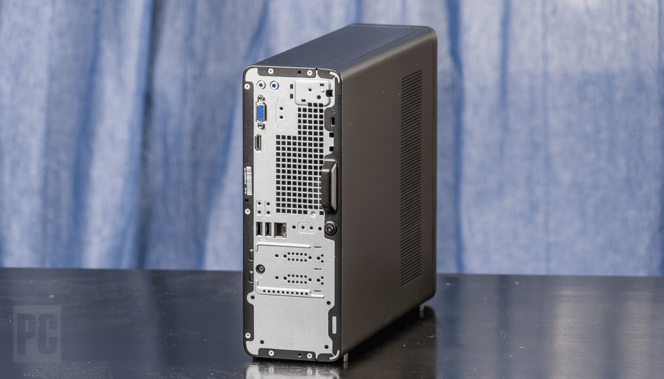 Rear view of a black desktop computer tower , showing various ports and ventilation .