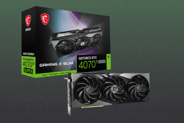 An MSI GeForce RTX 4 070 Ti SUPER graphics card and its retail box are presented on a professional flat background with subtle geometric patterns .