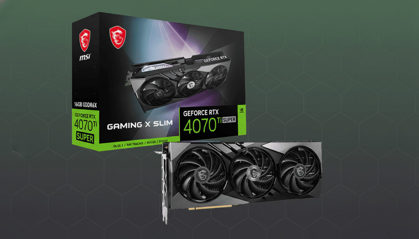An MSI GeForce RTX 4 070 Ti SUPER graphics card and its retail box are presented on a professional flat background with subtle geometric patterns .