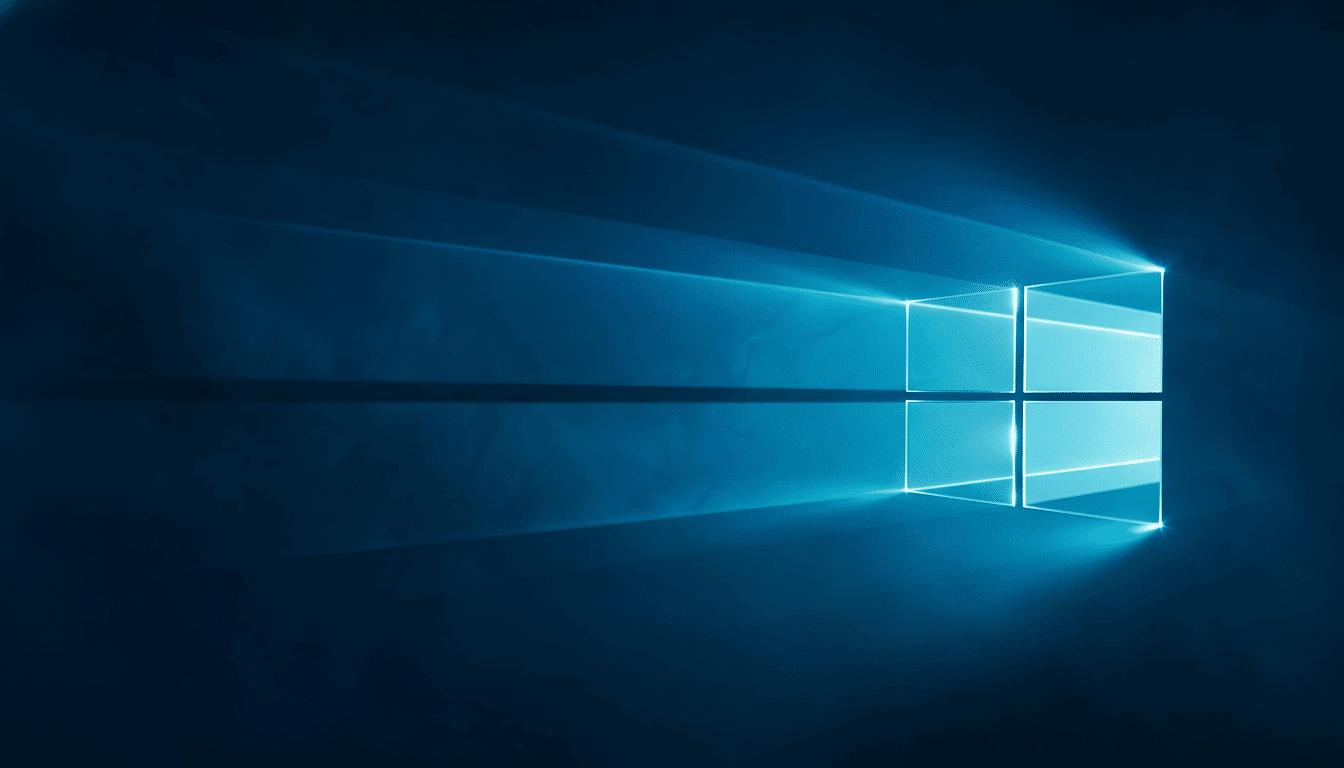 alt = A professional 16:9 aspect ratio image of the Windows logo, depicted as a glowing blue light