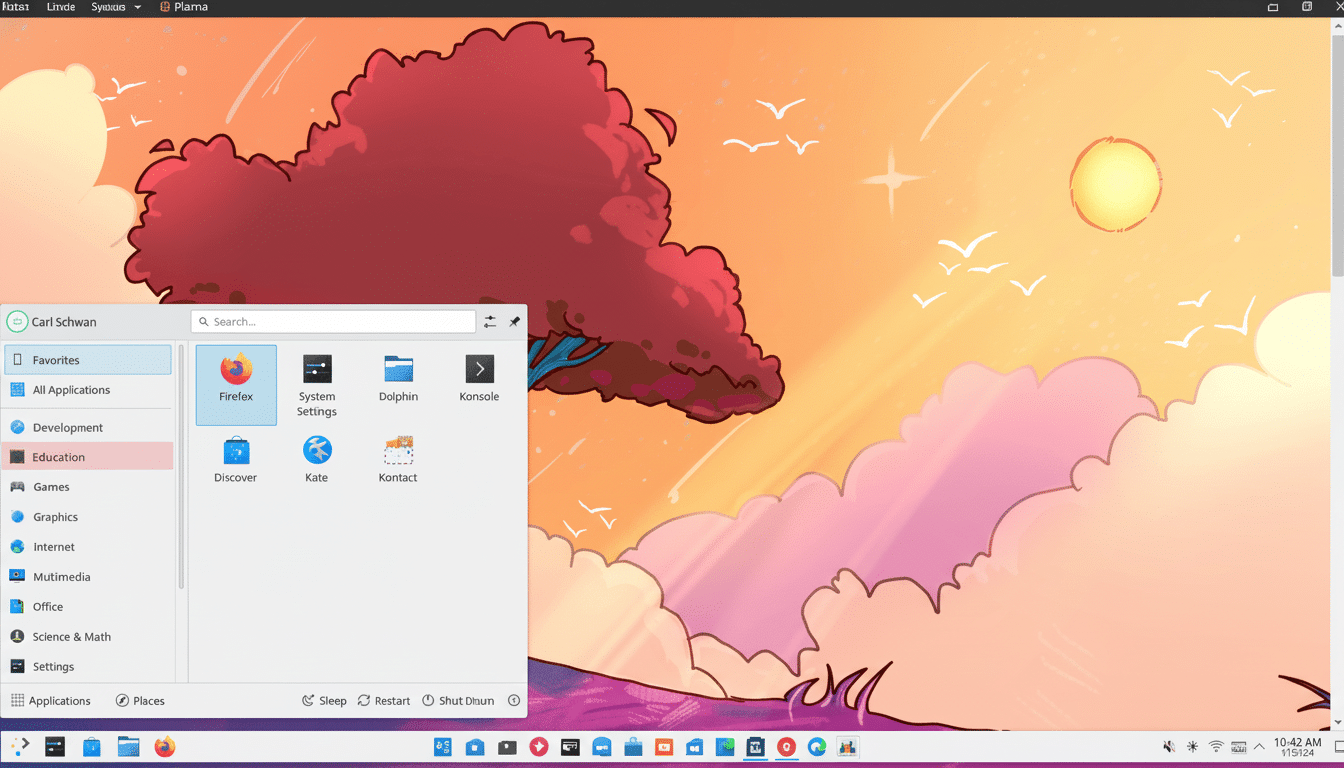A screenshot of a desktop environment with a colorful background, featuring an open application launcher displaying various programs.