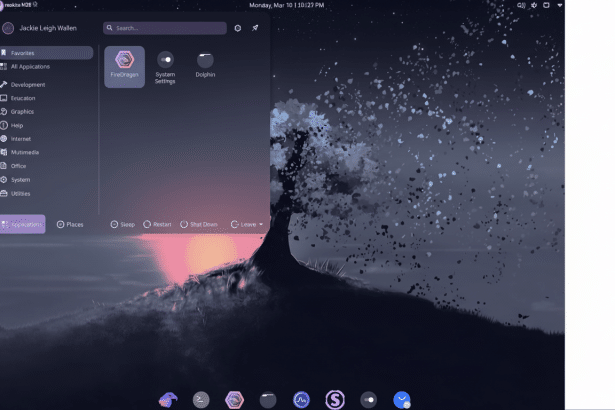 A screenshot of a desktop environment, likely a Linux distribution, showing an application launcher menu with icons for FireDragon, System Settings, and Dolphin. The background features a stylized tree with sparse foliage and a sunset or sunrise glow .