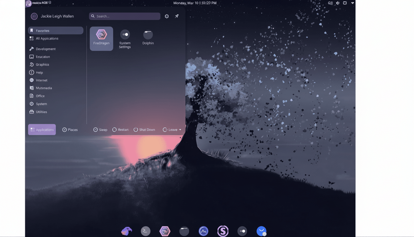 A screenshot of a desktop environment, likely a Linux distribution, showing an application launcher menu with icons for FireDragon, System Settings, and Dolphin. The background features a stylized tree with sparse foliage and a sunset or sunrise glow .