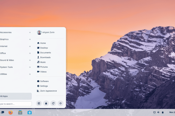 A screenshot of a desktop operating system with a start menu open, displaying various application categories and user folders . The background features a picturesque mountain landscape with a sunset sky.